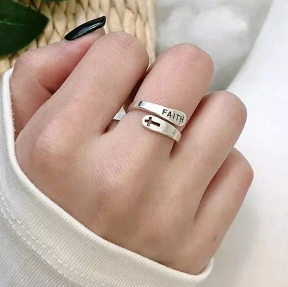 Silver Adjustable FAITH LOVE Inspirational Ring